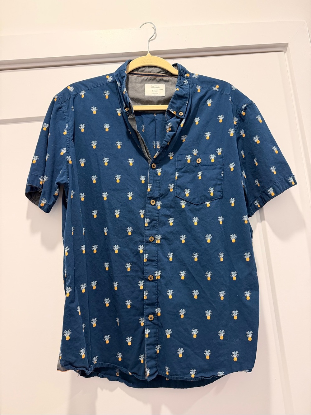 Men's Navy Short-Sleeve Button-Down Shirt with Pineapple Print